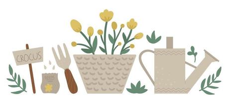 ilustración vectorial de coloridas herramientas de jardín con flores y plantas. imagen de primavera o verano de estilo plano aislada en fondo blanco. concepto temático de jardinería. vector
