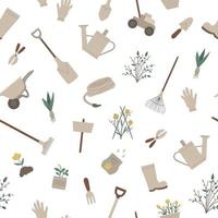 Vector seamless pattern with garden tools, flowers, herbs, plants. Repeat background with gardening equipment. Flat spring texture with spade, shovel, rakes.