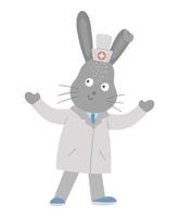 Vector animal doctor. Cute funny hare character. Medical picture for children. Hospital illustration isolated on white background.