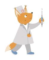 Vector animal doctor. Cute funny nurse squirrel with syringe. Medical picture for children. Hospital illustration isolated on white background.