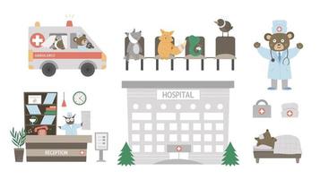 conjunto médico vectorial con animales. lindo y divertido edificio del hospital, camión de ambulancia, sala de recepción, médico, pacientes aislados en blanco. concepto de atención médica para niños. vector