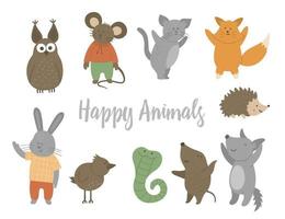 Set of vector happy animals. Cute funny characters isolated on white background. Flat design for kids.