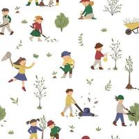 Vector seamless pattern with children doing garden work. Spring repeat background with kids and gardening tools. Texture with young gardeners planting tree, watering plants, raking.