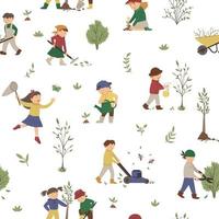 patrón vectorial sin costuras con niños haciendo trabajos de jardinería. Fondo de repetición de primavera con niños y herramientas de jardinería. textura con jóvenes jardineros plantando árboles, regando plantas, rastrillando. vector