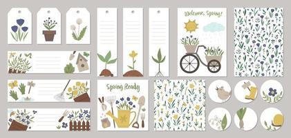 Set of vector spring garden card templates, gift tags, labels, pre-made designs, bookmarks with cute cartoon gardening elements and characters. Funny flat illustration
