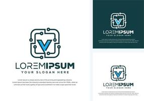 abstract letter v with tech logo design vector