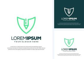 abstract shield and pencil logo design vector