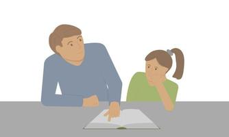 Father and daughter are doing homework. Parent with a child is reading a book. Concept. Vector illustration