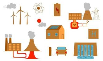 Renewable energy. Set of illustrations showing methods of energy production from natural sources. Energy of the atom, wind, sun, water and the bowels of the earth. Concept. Vector illustration