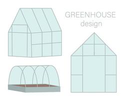 Vector set of greenhouses. Flat hot house illustration isolated on white background. Front and side view greenroom picture. Spring garden illustration.