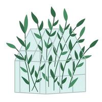 Vector greenhouse with green plants. Flat hot house illustration isolated on white background. Side view greenroom picture. Spring garden illustration.