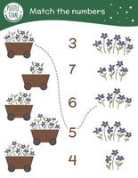 Matching game with flowerbed and flowers. Garden math activity for preschool children. Spring counting worksheet. Educational riddle with cute funny elements. vector