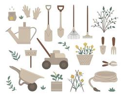 conjunto vectorial de herramientas de jardín de colores, flores, hierbas, plantas. colección de equipos de jardinería. ilustración de resorte plano de pala, pala, rastrillos aislados sobre fondo blanco. vector