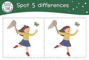 Spring find differences game for children. Garden preschool activity with girl with a net catching butterfly. Puzzle with cute funny smiling characters. vector