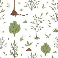 Vector seamless pattern with trees, plants, shrubs, bushes, twigs. Flat spring garden repeat background. Gardening or forest texture