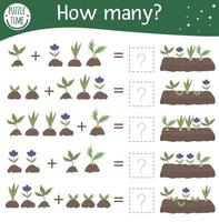 Math game with plants in a bed. Spring mathematic activity for preschool children. Garden counting worksheet. Educational addition riddle with cute funny elements. vector
