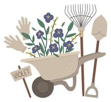 Vector illustration of colorful garden wheel barrow with violet flowers, rakes, spade, gloves. Cartoon style spring or summer picture isolated on white background. Gardening themed concept.