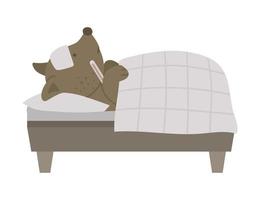 vector animal enfermo en la cama. lindo perro con termómetro con fiebre. personaje divertido del paciente del hospital. ilustración médica para niños.