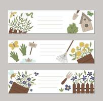 Set of vector spring garden horizontal layout card templates with cute cartoon gardening elements and characters. Funny flat illustration