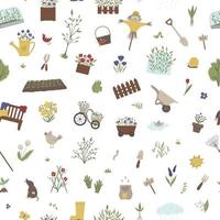 Vector seamless pattern with garden things, tools, flowers, herbs, plants. Repeat background with gardening equipment. Flat spring texture.