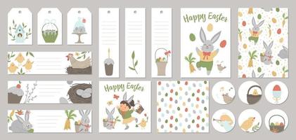 Set of vector Easter holiday card templates, gift tags, labels, pre-made designs, bookmarks with cute cartoon spring elements and characters. Funny flat illustration
