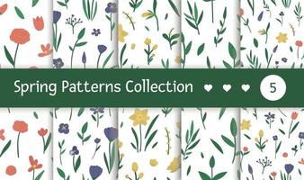 Vector set of seamless patterns with different flower elements. Pack of garden repeating background with decorative plants. Texture with spring and summer herbs and flowers.