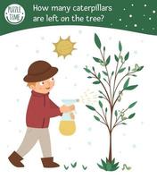 Spring garden searching math counting game for children with cute boy spraying the tree against caterpillars. Cute funny smiling characters. Find and count hidden caterpillars on the tree. vector