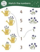 Matching game with watering cans and flowers. Garden math activity for preschool children. Spring counting worksheet. Educational riddle with cute funny elements. vector