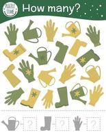 Counting game with garden symbols. Spring math activity for preschool children. How many objects worksheet. Educational riddle with cute funny pictures. vector