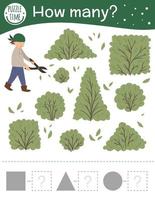 Counting game with boy cutting shrubs. Spring math activity for preschool children. How many objects worksheet with shapes. Educational riddle with cute funny pictures. vector