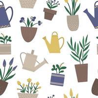 Vector seamless pattern with plants in pots with watering cans. Flat trendy hand drawn repeat background for home gardening design.