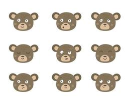 Vector bear faces with different emotions. Set of animal emoji stickers. Heads with funny expressions isolated on white background