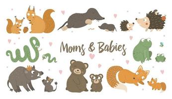 Vector set of hand drawn flat baby animals with parents. Funny woodland animal scene showing family love. Cute forest animalistic illustration for Mothers Day design