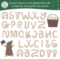 Spring ABC game with cute characters. Garden alphabet maze activity for preschool children. Choose letters from A to Z to help the mole gather the worms. vector