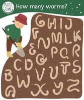 jardín de primavera buscando un juego de conteo matemático para niños con un niño lindo cavando los gusanos en forma de letra abc. lindos personajes sonrientes divertidos. encontrar y contar las letras del alfabeto. vector