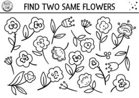 Find two same flowers. Mothers day black and white matching activity for children. Funny spring line logical quiz worksheet for kids. Simple printable game or coloring page with cute plants vector