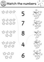 juego de combinación en blanco y negro del día de la madre con luna creciente y estrellas. actividad de buenas noches de matemáticas navideñas para niños en edad preescolar. hoja de trabajo de conteo imprimible en línea para niños. cuántas estrellas vector