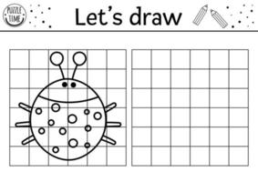 completa el cuadro de la mariquita. hoja de trabajo de práctica de dibujo de bosque vectorial. actividad imprimible en blanco y negro de primavera para niños en edad preescolar. copiar la imagen del juego temático de insectos para niños vector