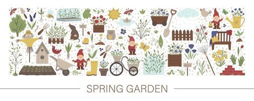 Vector horizontal layout set with garden tools, flowers, herbs, plants, insects. Gardening equipment banner, party invitation or background. Cute funny spring card template.