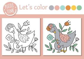 Mothers day coloring page for children with baby goose and mother. Vector outline illustration showing family love. Adorable spring holiday color book for kids with colored example