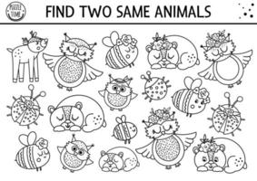 Find two same animals. Mothers day black and white matching activity for children. Funny spring logical quiz worksheet for kids. Simple printable line game or coloring page with cute animals vector