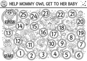 Mothers day black and white dice board game for children with cute animals. Holiday line boardgame with mother and baby owl, deer, fox. Family love activity. Printable worksheet or coloring page vector