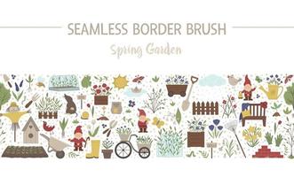 Vector spring garden seamless pattern brush. Gardening themed background. Repeating border with garden tools, flowers, plants isolated on white background.
