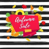 Autumn sale vector banner or poster gradient flat style design vector illustration. Huge red ribbon with text AUTUMN SALE, colored leaves, pumpkin, sunflower, pie and corn isolated on fun background.