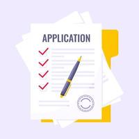 Submit application document form flat style design icon sign vector illustration isolated on white background. Complete application or survey document business concept with text contract stamp.