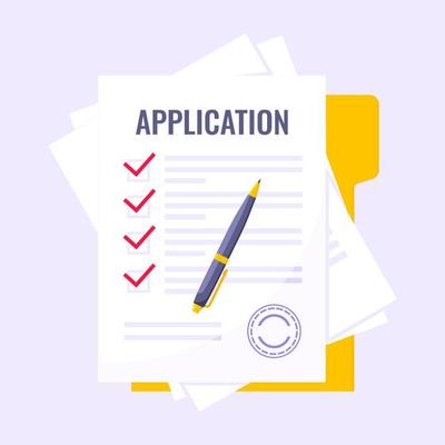 Submit application document form flat style design icon sign vector illustration isolated on white background. Complete application or survey document business concept with text contract stamp.