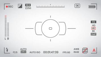 Ilustración de vector de diseño de estilo plano de grabadora de marco de foto o video de visor de cámara. visor de cámara digital con ajustes de exposición y plantilla de cuadrícula de enfoque.