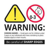 Choking hazard forbidden sign sticker not suitable for children under 3 years isolated on white background vector illustration. Warning triangle, sharp edges and small parts danger.