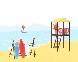 A lifeguard on a tower by the sea watches a girl floating on the water vector
