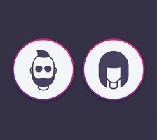 avatares iconos redondos con chica y hombre barbudo vector